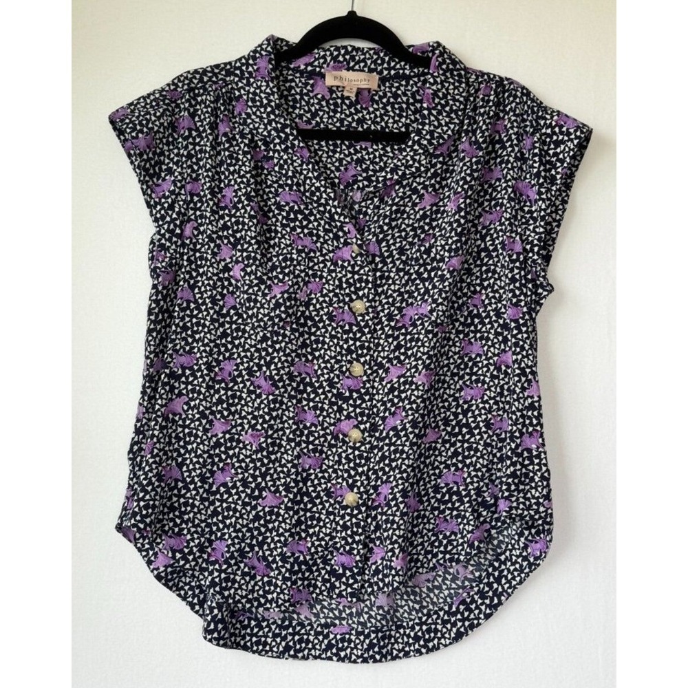 Philosophy Cap Sleeve Blouse – Medium – Navy & Purple Print